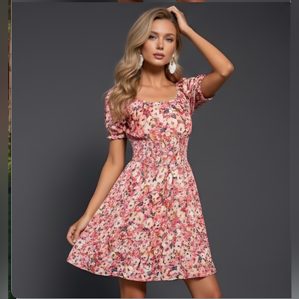 LAST ONE 🔥 Floral Print Shirred Puff Sleeve Dress